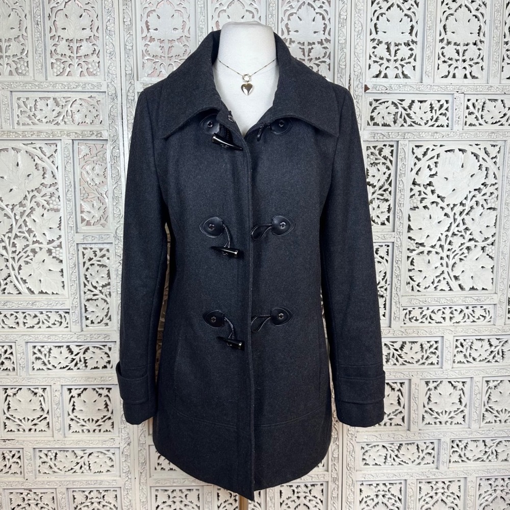 Calvin Klein Dark Gray Black Wool Blend Full Zip Toggle Button‎ Collared Coat
